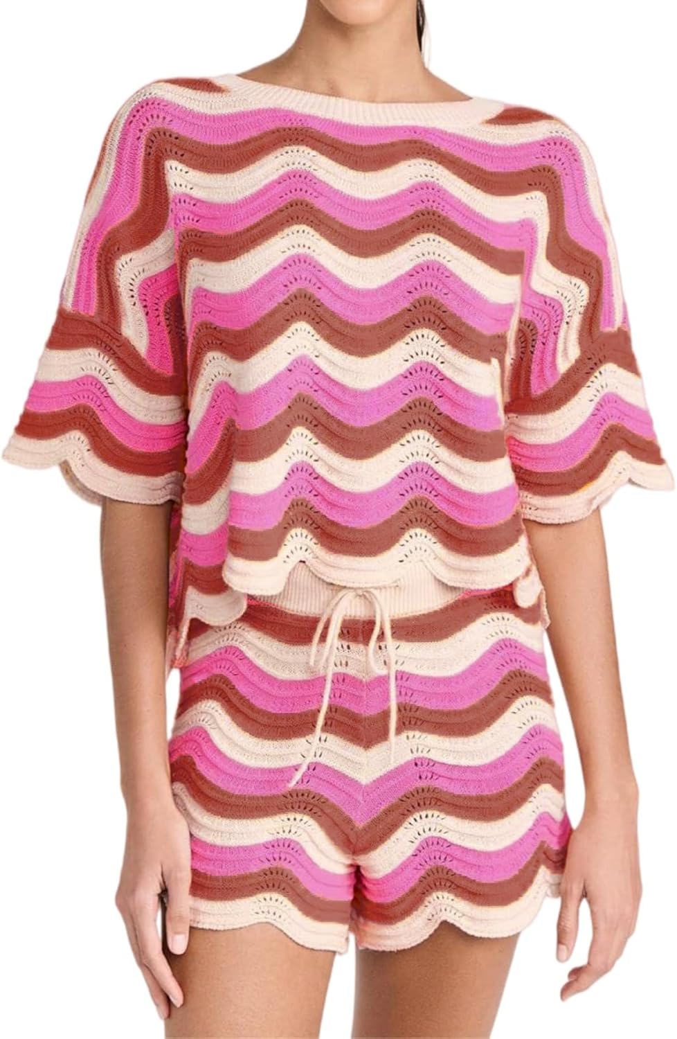 NIFTRIRY 2 Piece Sets for Women Short Sleeve Striepd Crochet Cover Up Tied Shorts Beach Clothes