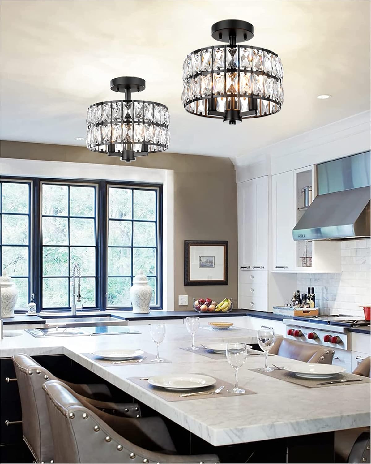 CALDION 11" Crystal Ceiling Light Fixture, 3-Light Semi Flush Mount Ceiling Lights, Modern Chandelier with Black Metal Finish for Bathroom, Dinning Room, Hallway, Bedroom, 6869SM-BK-3