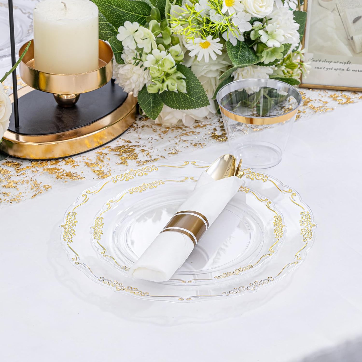 U-QE 100PCS Clear Gold Plastic Plates - Disposable Heavy Duty Clear Plates with Gold Rim Including 50PCS 10'' Dinner Plates & 50PCS 7.5'' Dessert Plates Perfect for Party, Weddings