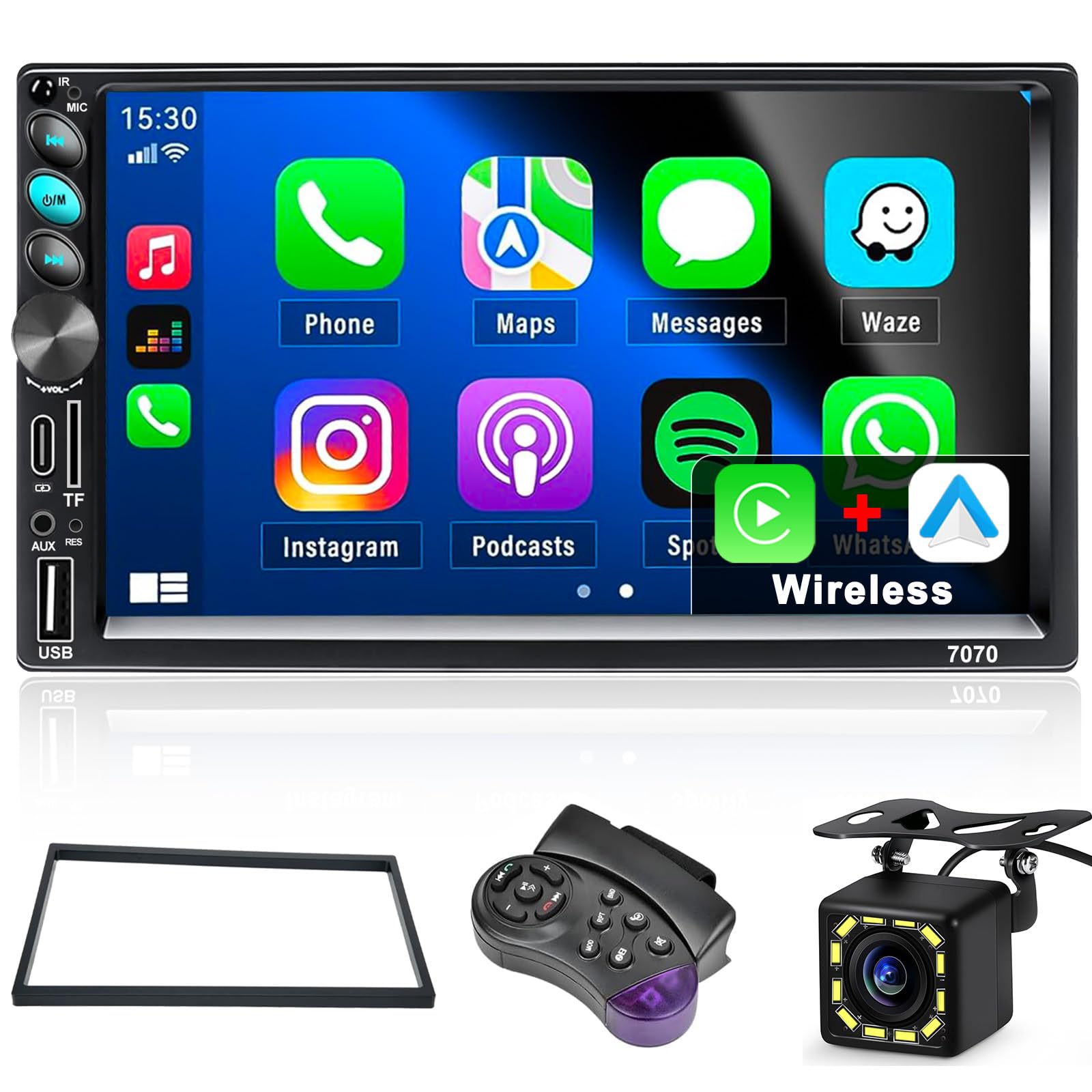 7" Double Din Car Stereo with Wireless Apple Carplay & Android Auto for Car Audio Receivers,Touch Screen Display Bluetooth Multimedia, Car Radio with Backup Camera, USB-C/AUX/TF, FM, SWC, Mirror Link
