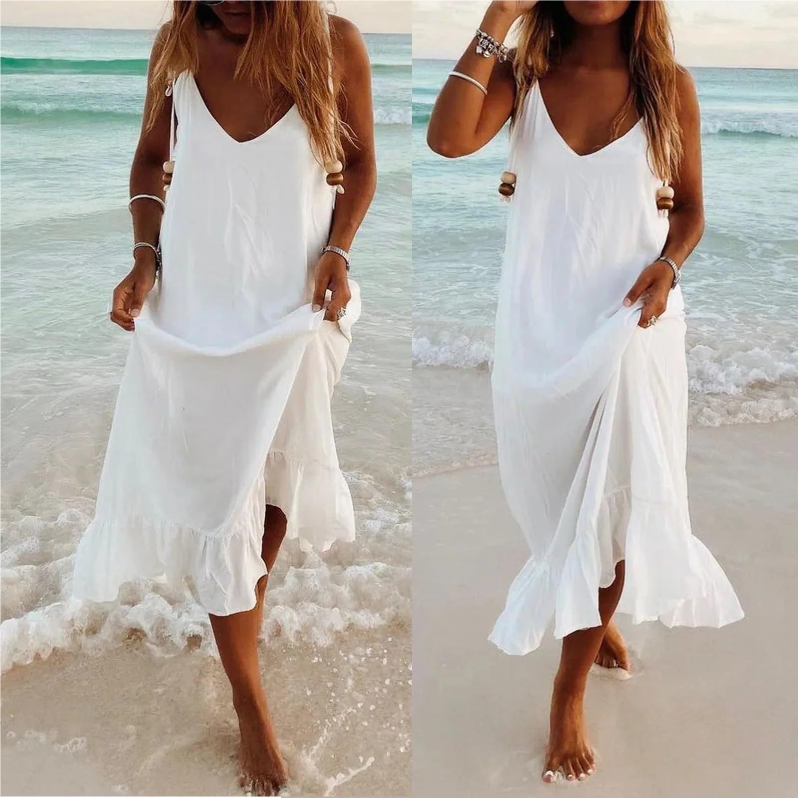 Vestidos Sueltos de Verano for Mujer, Tirantes Finos, Escote en V, Vestido Largo Blanco, Playa for para Mujer