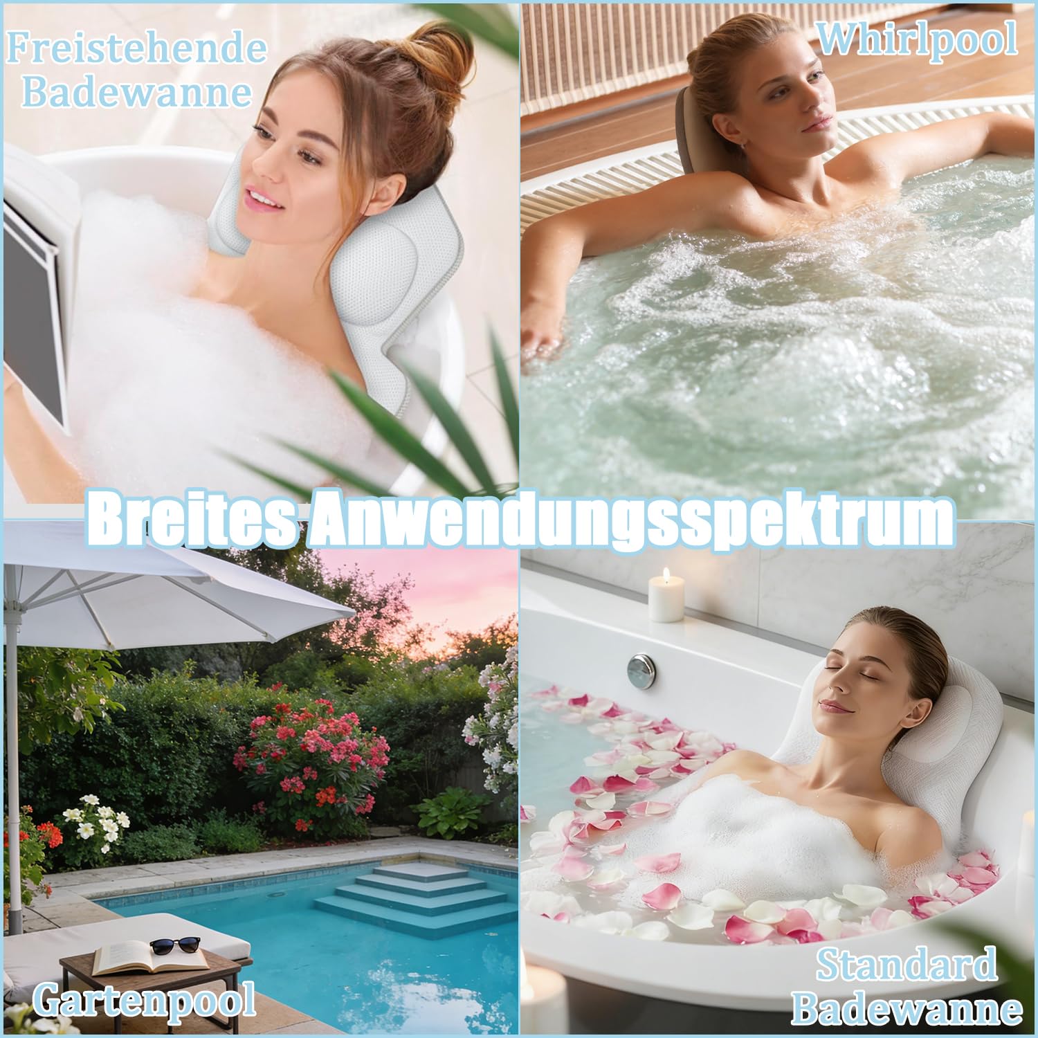 Badewannenkissen Ganzkörper, Badewannenmatte mit Kissen und Lendenwirbelstütze, mit Saugnäpfebad Anti-Rutsch und Hängehaken, Schnelltrocknend, Badekissen für Badewanne, 133x40cm