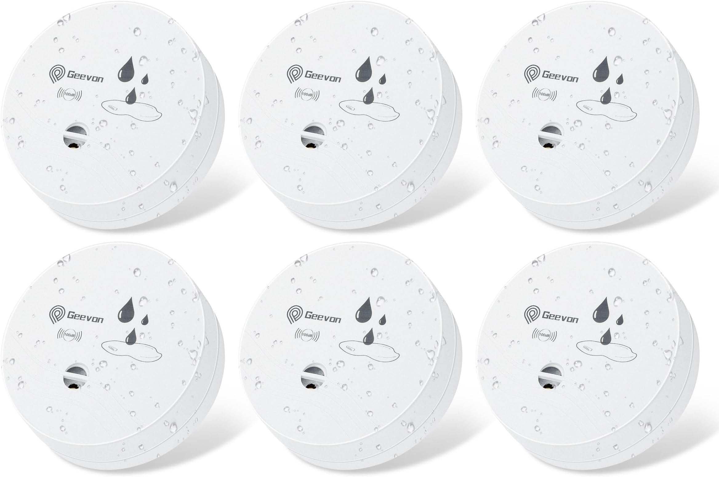 Geevon 6 Pack Water Leak Detectors, 100dB Water Sensor Alarms Flood Detector for Basements, Bathrooms, Laundry Rooms, Kitchens, Garages, and Attics, Water Alarms Battery-Operated (Battery Included)