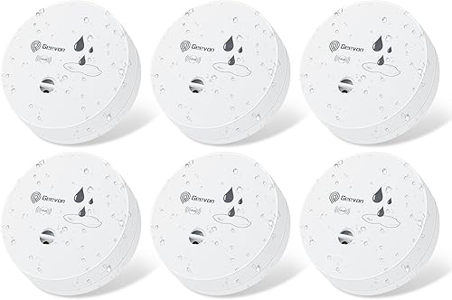 Geevon Paquete de 6 detectores de fugas de agua, alarmas de sensor de agua de 100 dB, detector de inundación para sótanos, baños, lavanderías,