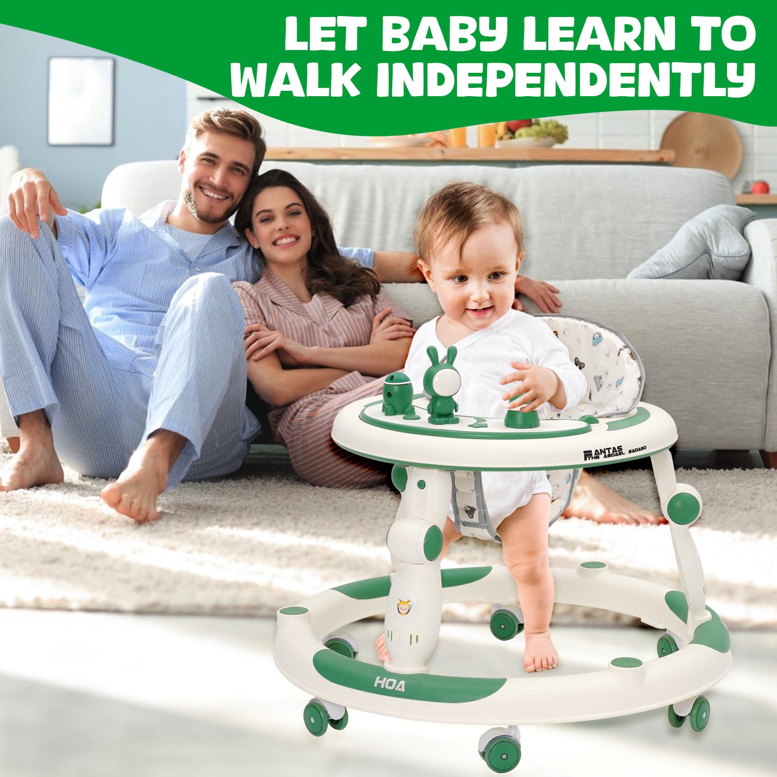 Trotteur Bébé Evolutif 3en1, Jumper Bébé en Roues Silencieuses à 360°, Centre de Jeux, Table à Manger et Accoudoirs, Réglable en Hauteur, Trotteur Bebe Fille/Garçon de 6 Mois Pliable, Vert