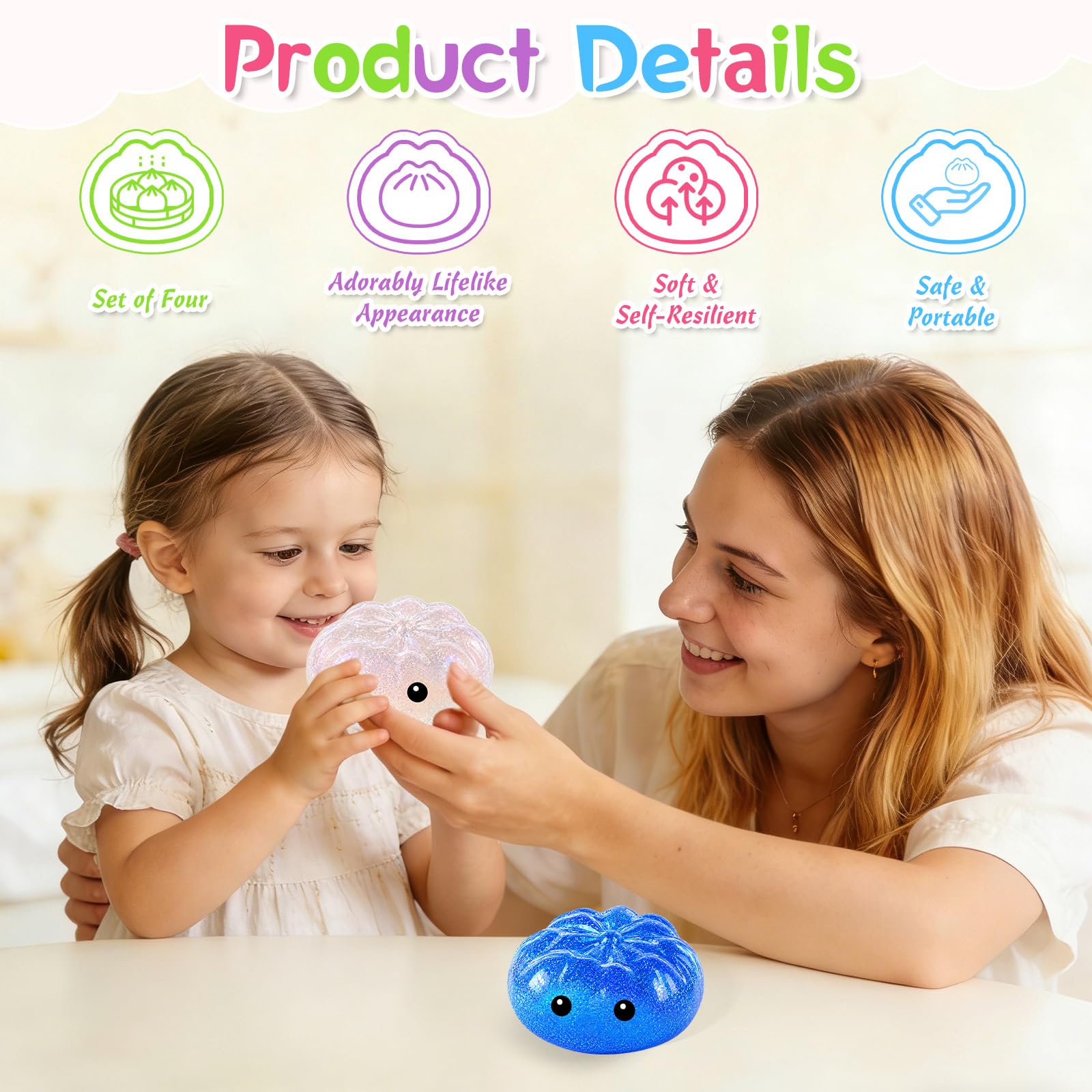 2PCS Gigante Glitter Squishys Ravioli,Divertente Giocattolo Antistress Bao Bun Con Vaporiera,Squishys a Forma Di Ravioli Glitterati,Sensory Game with Large Capacity Per il rilassamento Ragazzi