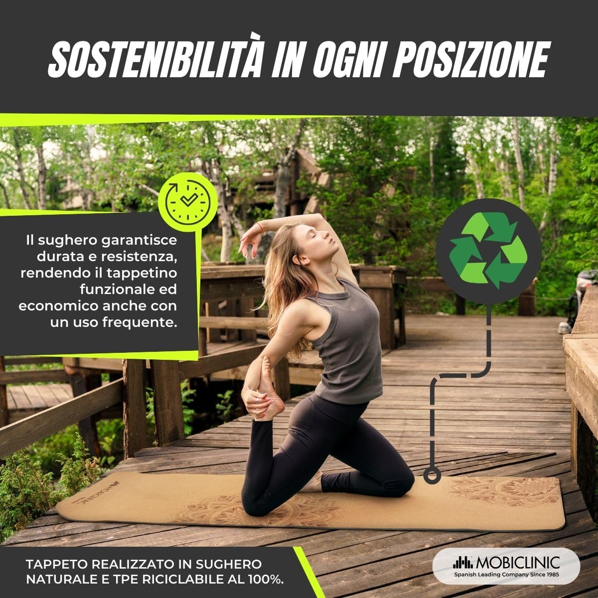 Mobiclinic®, Tappetino yoga in sughero naturale, Antiscivolo, Borsa per il trasporto, Antimicrobico, Spessore 4 mm, 100% tpe riciclabile, 183x61cm, Disegno mandala, Ey-02, Pilates, Fitness