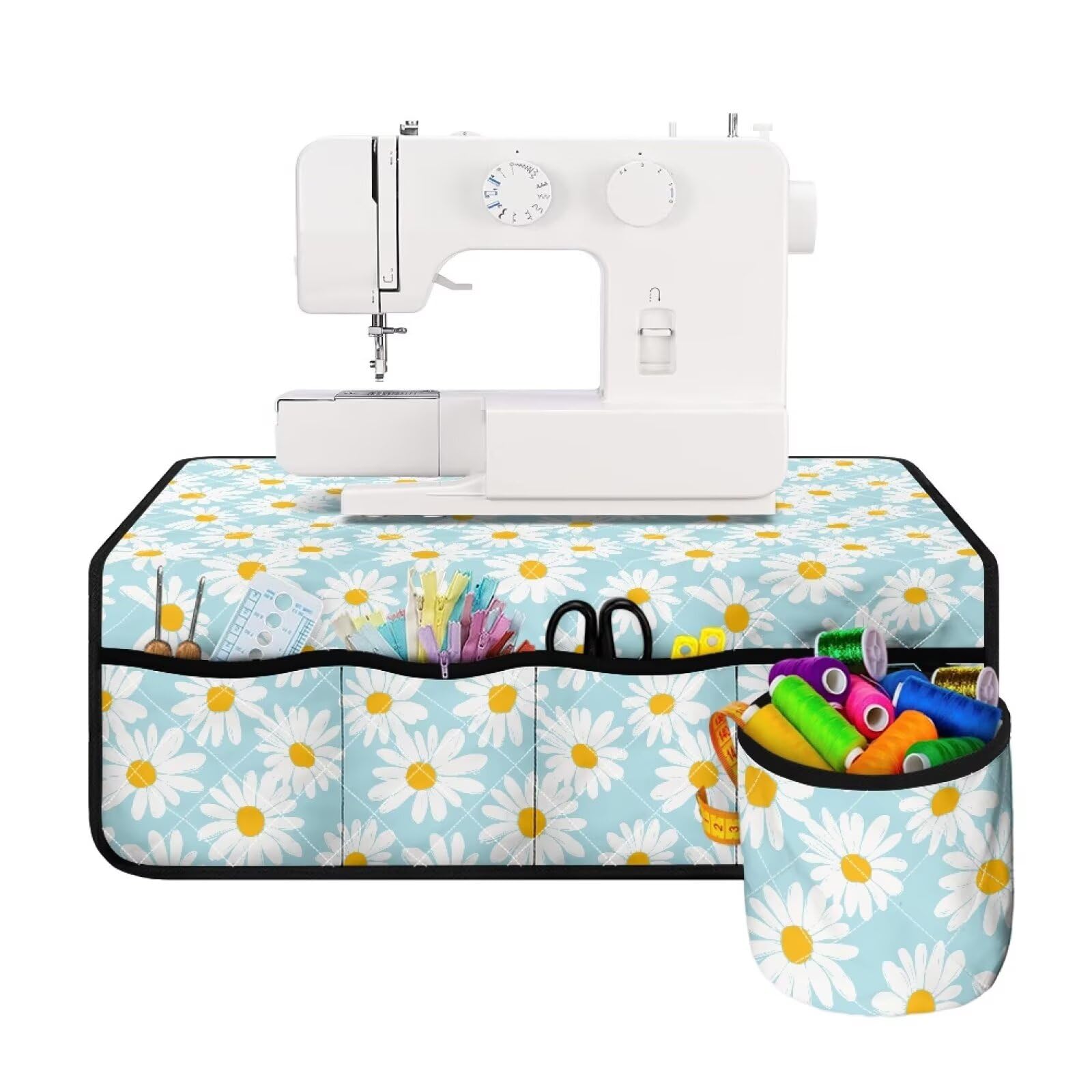 Sewing Machine Carrying Case, Sewing Machines Pad for Table with 4 Pockets Scratches-Proof Muffling Mat - Daisy Blue