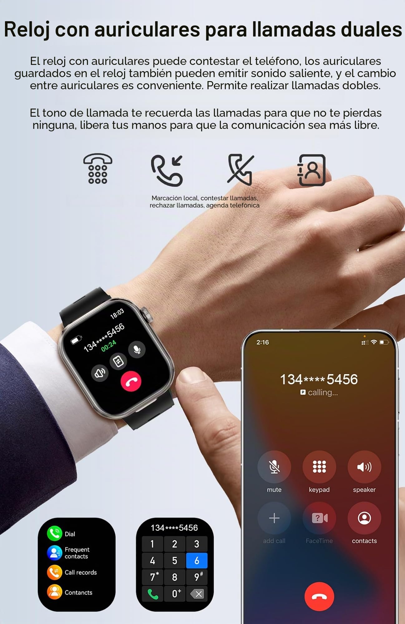 AIEK Reloj inteligente, auriculares Bluetooth integrados, monitor de frecuencia cardíaca/sueño/presión arterial, pantalla táctil grande de 2.02 pulgadas, reloj deportivo para iOS y Android, reloj