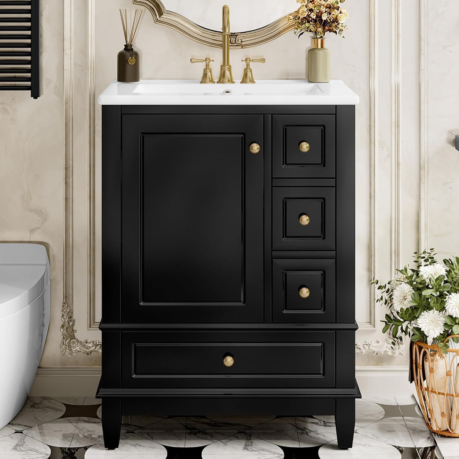 Linique 24" Bathroom Vanity with Sink Combo Set, Solid Wood Frame Bathroom Storage Cabinet with 3 Drawers, Soft Closing Door with Organizer, Black