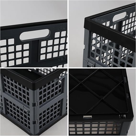 42 L Stackable Plastic Folding Storage Crates, Gray Crate, 4 Packs | Collapsible Crate for Organization