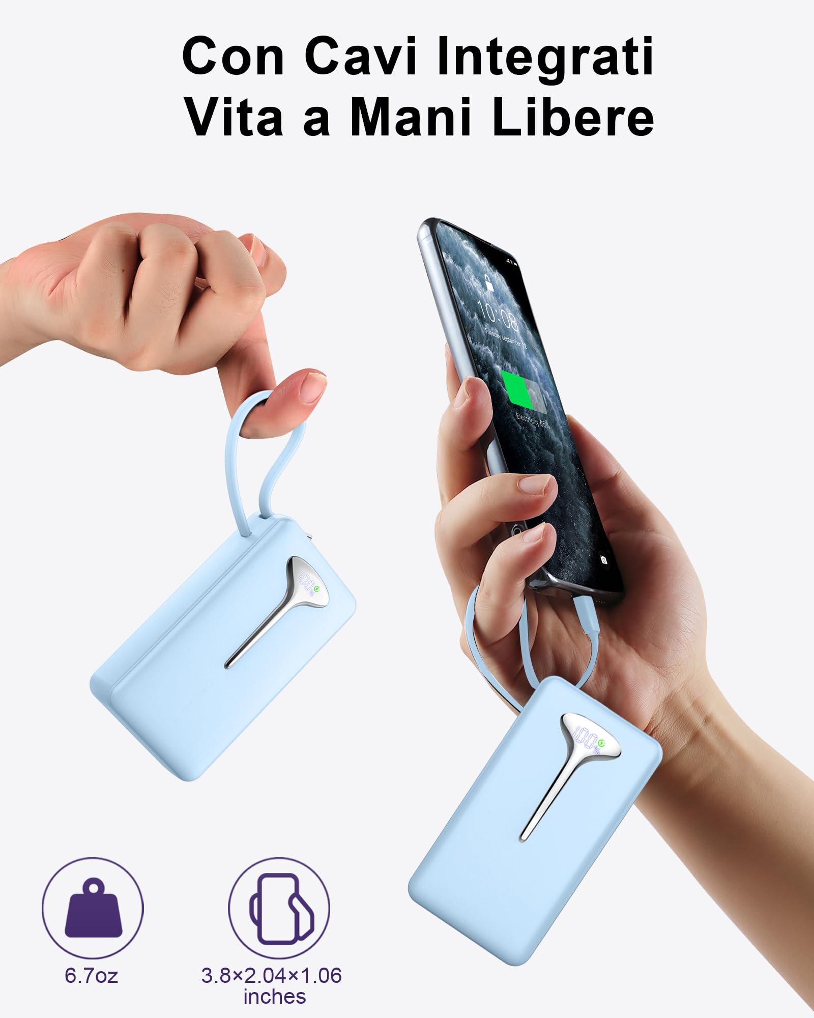 Power Bank, 10000mAh Mini Caricatore Portatile 22.5W Ricarica Rapida, Ultra Portatile Powerbank con USB C Cavo Integrato, Batterie Esterna di 3 porte uscita per iPhone 16 Samsung Xiaomi Android iPad