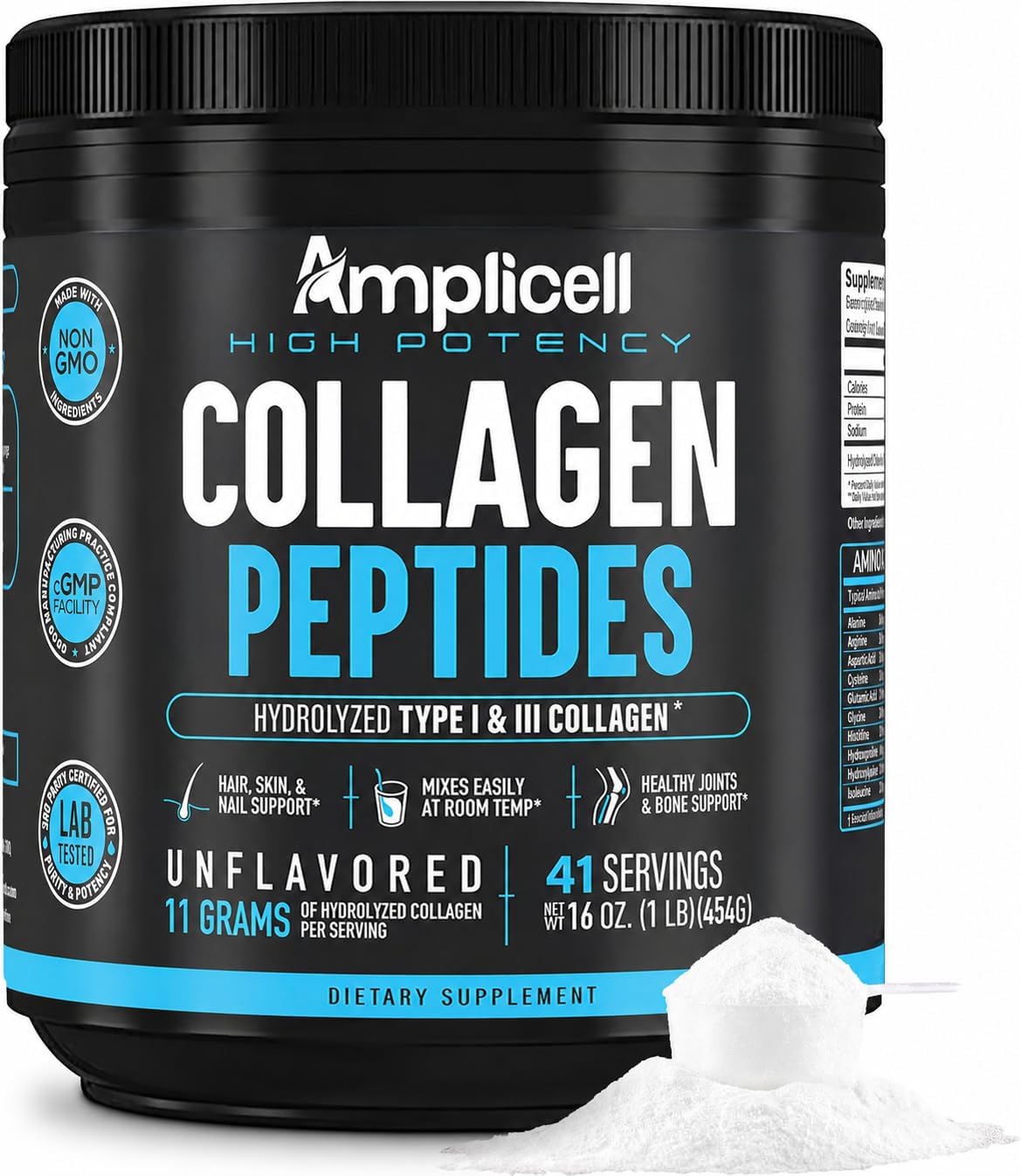 AMPLICELL Multi Collagen Peptides Powder โ Hydrolyzed Type I & III Grass-Fed Bovine Collagen โ Unflavored Protein for Hair Skin Nails, & Joints โ Keto Paleo, Collagen for Men & Women โ 41 Servings
