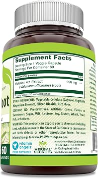 Herbal Secrets Valerian Root Extract 4:1 250 Mg 60 Veggie Capsules Supplement | Non-GMO | Gluten Free | Made in USA