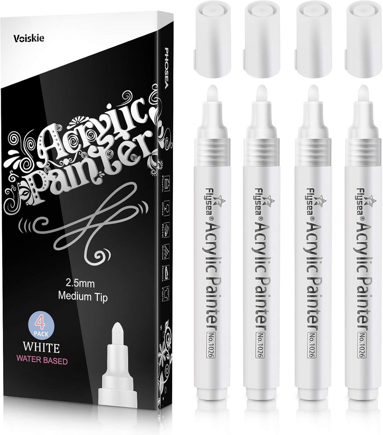 White Paint Pens 4 Pack White Acrylic Permanent Marker 2-3MM Medium Tip for Rock Painting Stone Ceramic Glass Wood Plastic Metal Canvas Water-Based (4+White)