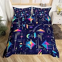 Vista 28 de Juego de funda de edredón estilo Memphis, tamaño matrimonial, diseño abstracto colorido con puntos funky para niños y niñas, funda de edredón