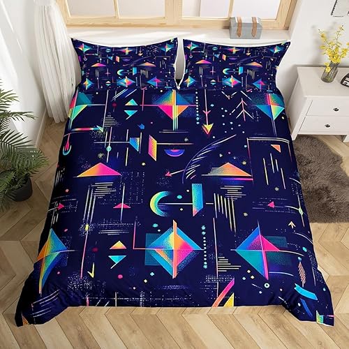 Miniatura 28 de Juego de funda de edredón estilo Memphis, tamaño matrimonial, diseño abstracto colorido con puntos funky para niños y niñas, funda de edredón