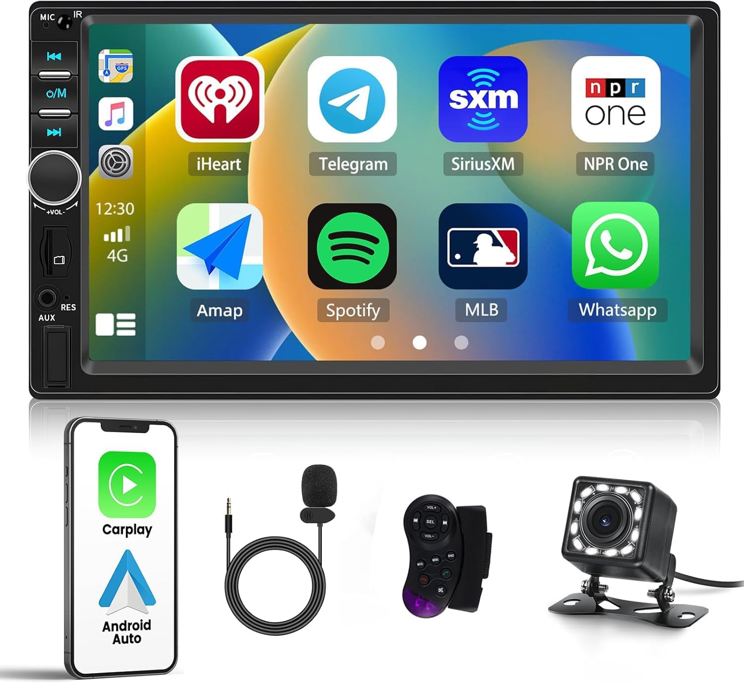 Universal Double Din Car Stereo 7 inch Touchscreen with Carplay Android Auto Mirror Link FM Receiver Multimedia Player Head Unit Bluetooth 5.1 EQ USB TF AUX+ Backup Camera & MIC