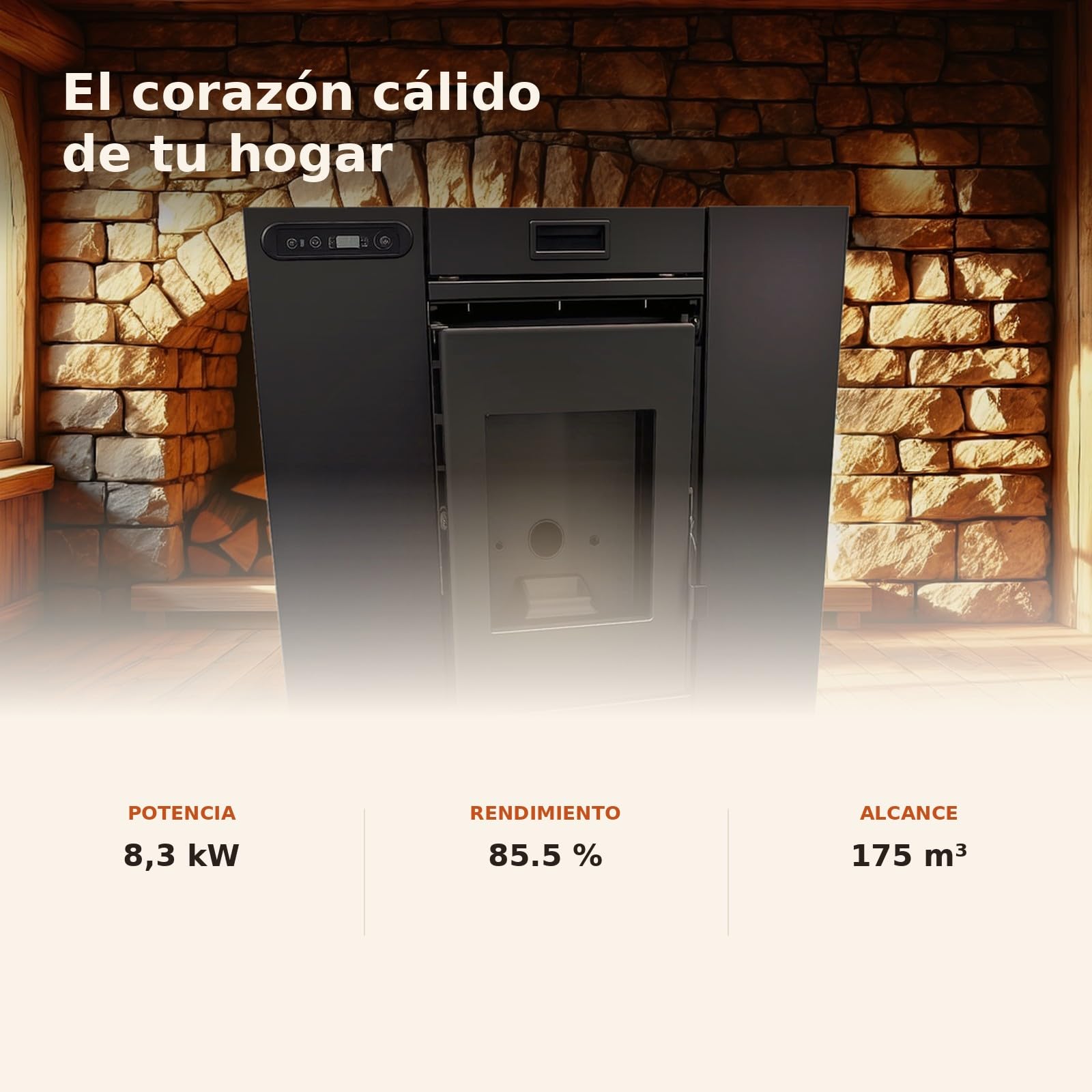 EIDER BIOMASA Insertable de Pellets INSERT 8 – Estufa de Pellets para Chimenea – 7,98 kW – Rendimiento 94% – Tolva 13 kg – Hasta 185 m³ – Programable WiFi