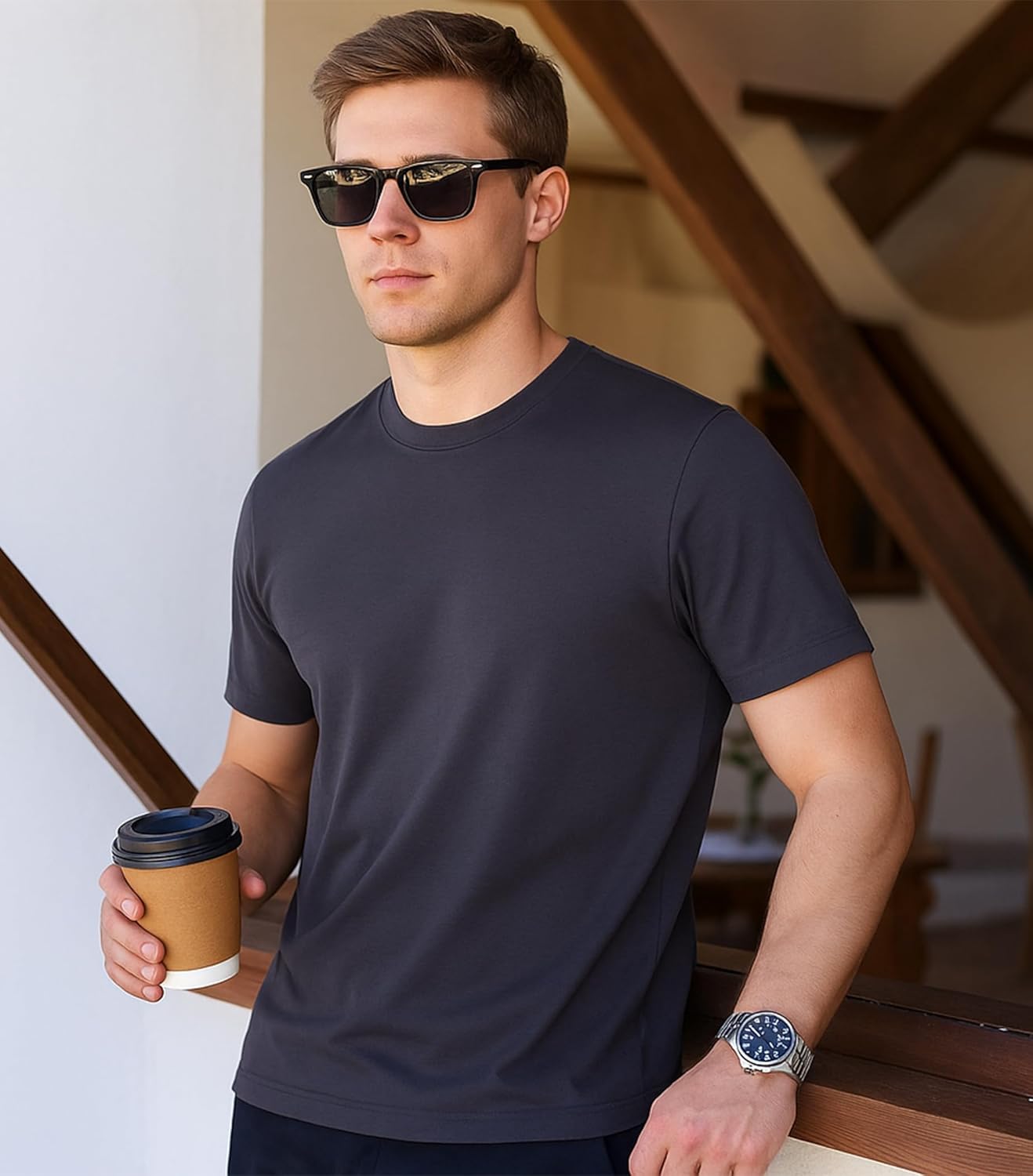 Men's T Shirt Short Sleeve Crew Neck T-Shirt Casual Summer Classic Basic Tee Shirt Longline Curve Hem Tops - Image 3