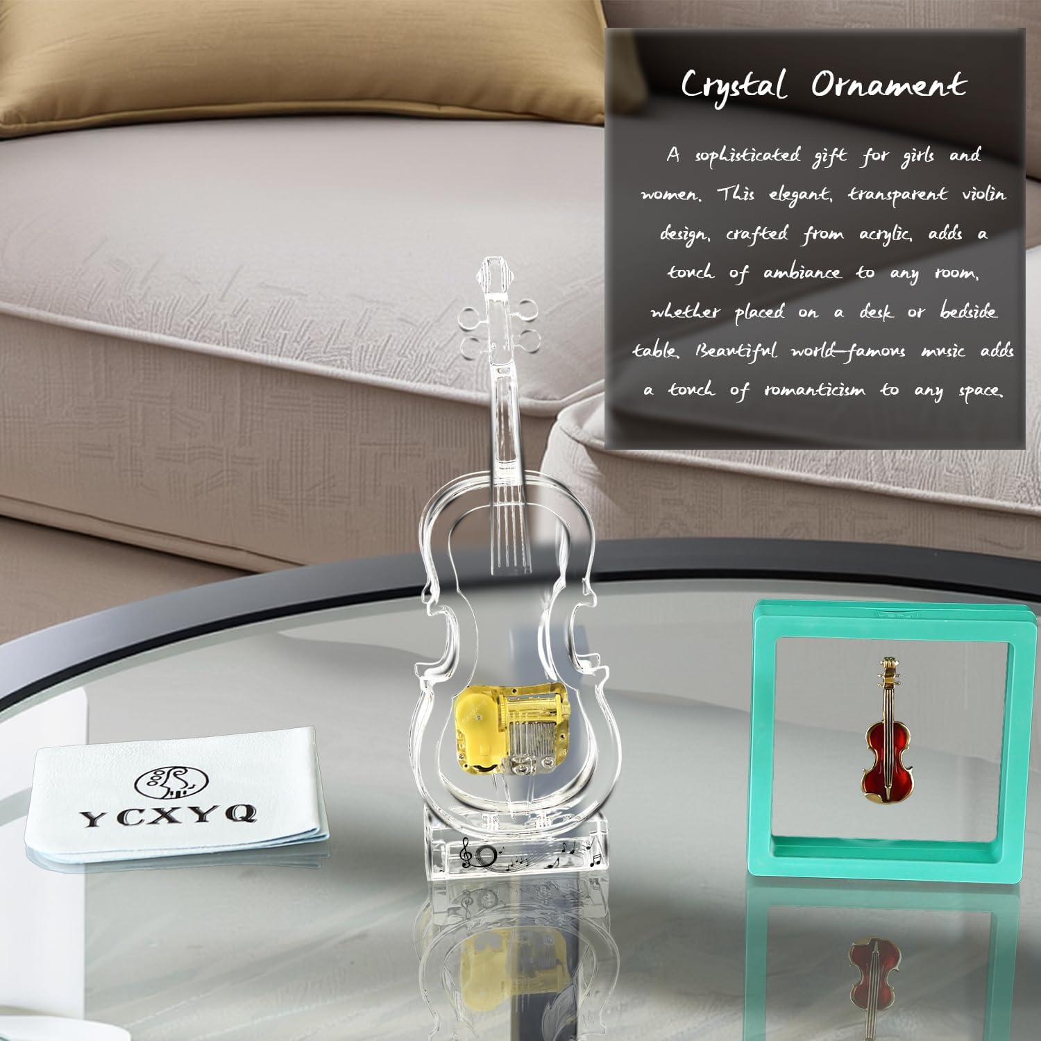 Large - Violin Music Box Mechanical Clockwork Crystal Violin High-End Acrylic Ornament Crystal Craft (Music: Castle in The Sky)