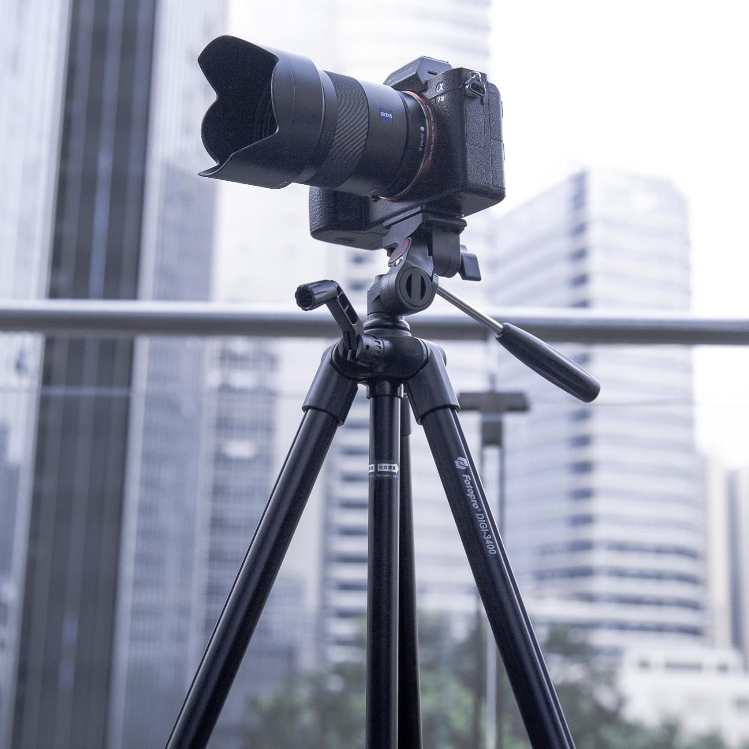 Close-up of Fotopro DIGI-3400 Tripod with camera