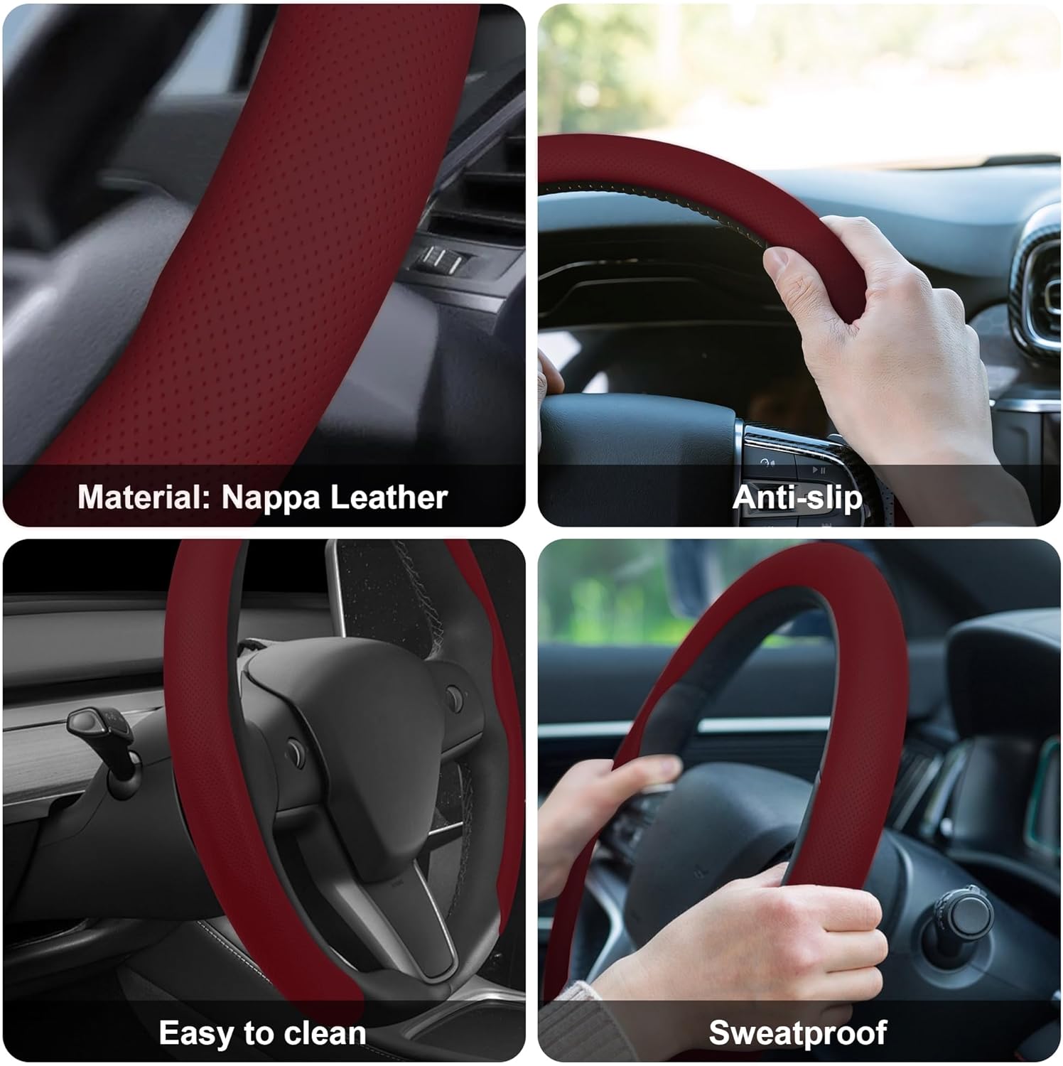 Frani Nappa Leather Steering Wheel Cover,Universal Fit 15 Inch-Premium Non-Slip Breathable Comfort Grip for Cars Trucks SUVs,Anti-Slip Durable Interior Upgrade Wine Red - Image 6