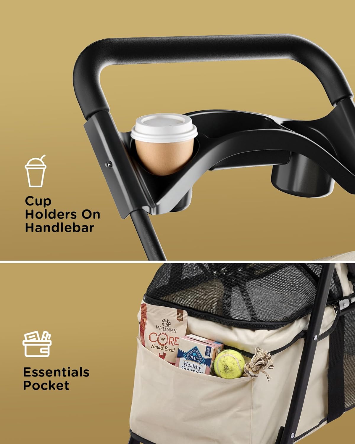 GTPLAYER Foldable Dog Stroller/Cat Stroller for Small Dogs & Cats up to 33 lbs, Pet Stroller with 360° Swivel Lockable Front Wheels, Rear Brakes, Safety Tethers, Breathable Mesh, Cup Holder, Beige