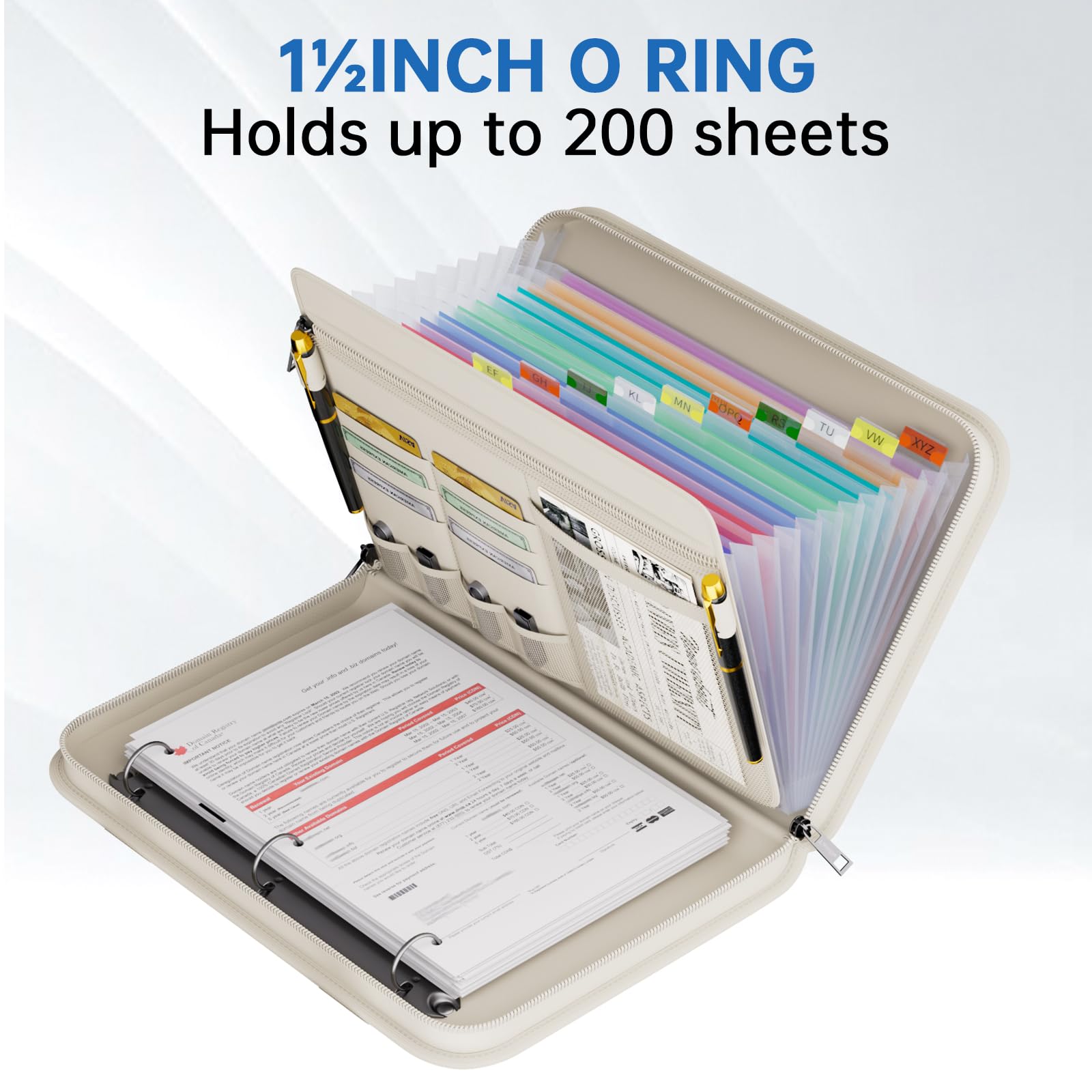 Organiseur de fichiers accordéon ignifuge avec poignée, 13 poches extensibles avec fermeture éclair et étiquettes, classeur à 3 anneaux, classeur multi-poches pour dossiers A4 (beige)