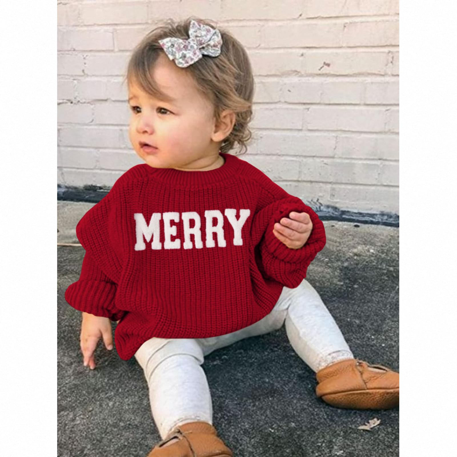 BOUTIKOME Christmas Sweater Toddler Baby Girl Embroidered Merry Shirts Winter Clothes Warm Knit Sweaters Pullover Tops(Red,6T)