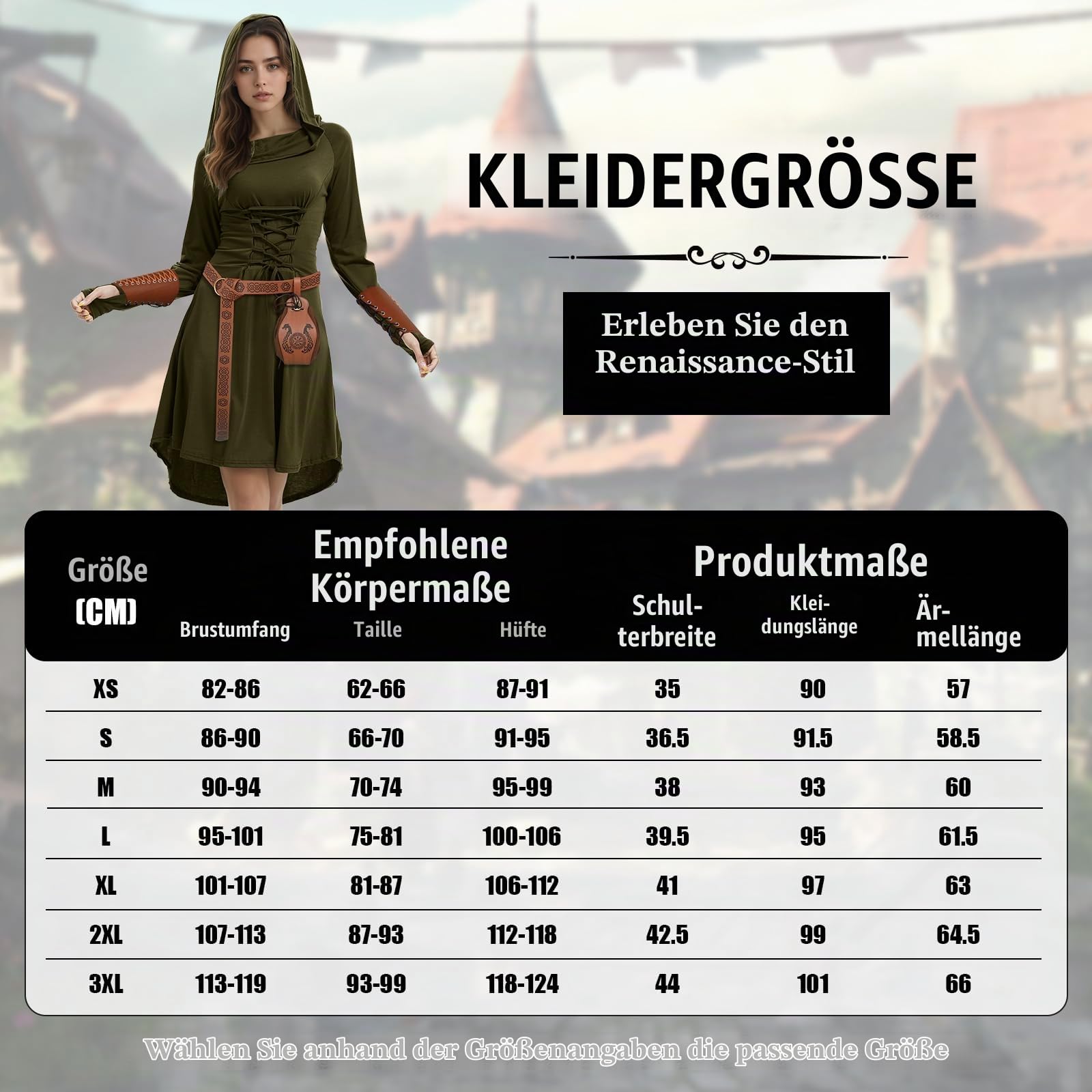 4 Stück Renaissance kostüm für Damen, Gothic Mittelalter Kleidung, Kapuzenkleid mitKorsett für Halloween Partys