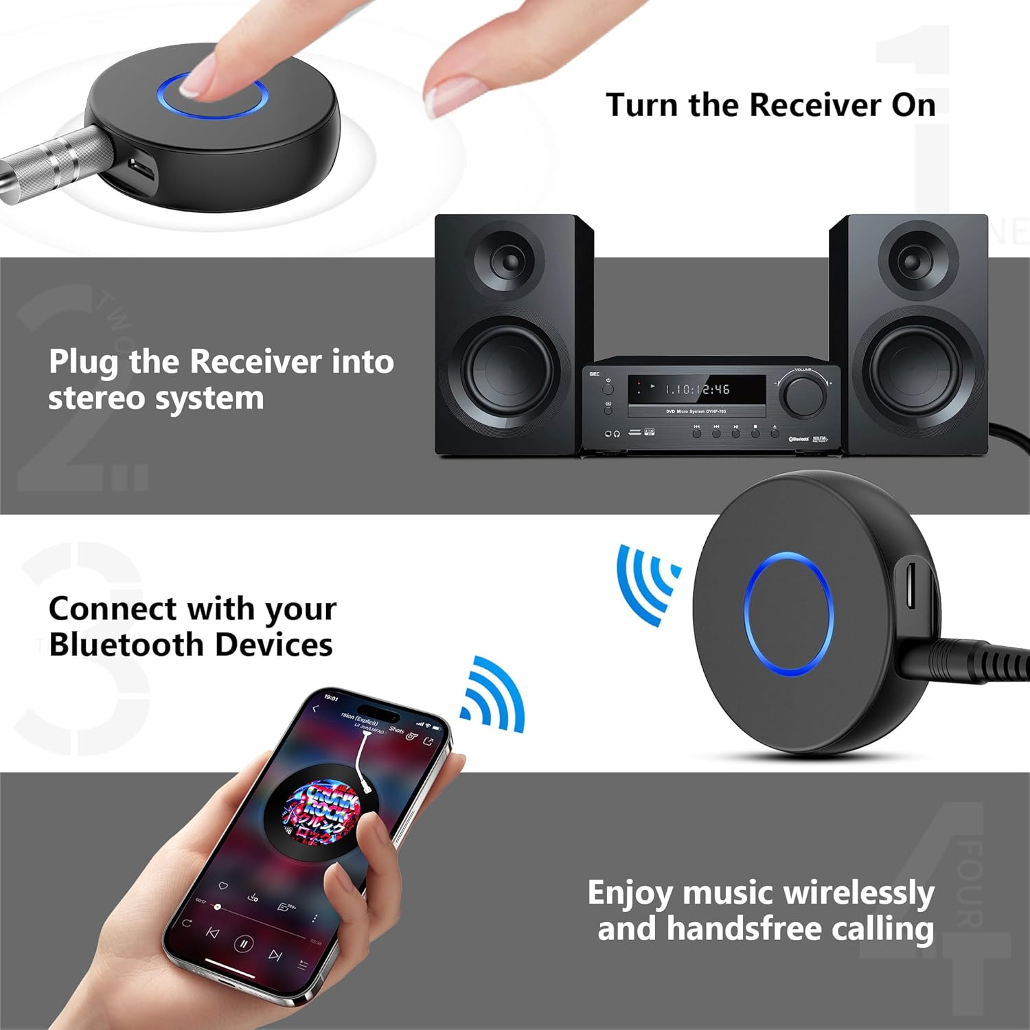 SONRU Bluetooth Aux Adapter for Car, Wireless Audio Receiver, Portable Hands-Free Kit with RCA AUX 3.5mm for Home/Car Stereo Music Streaming Sound System - Image 5