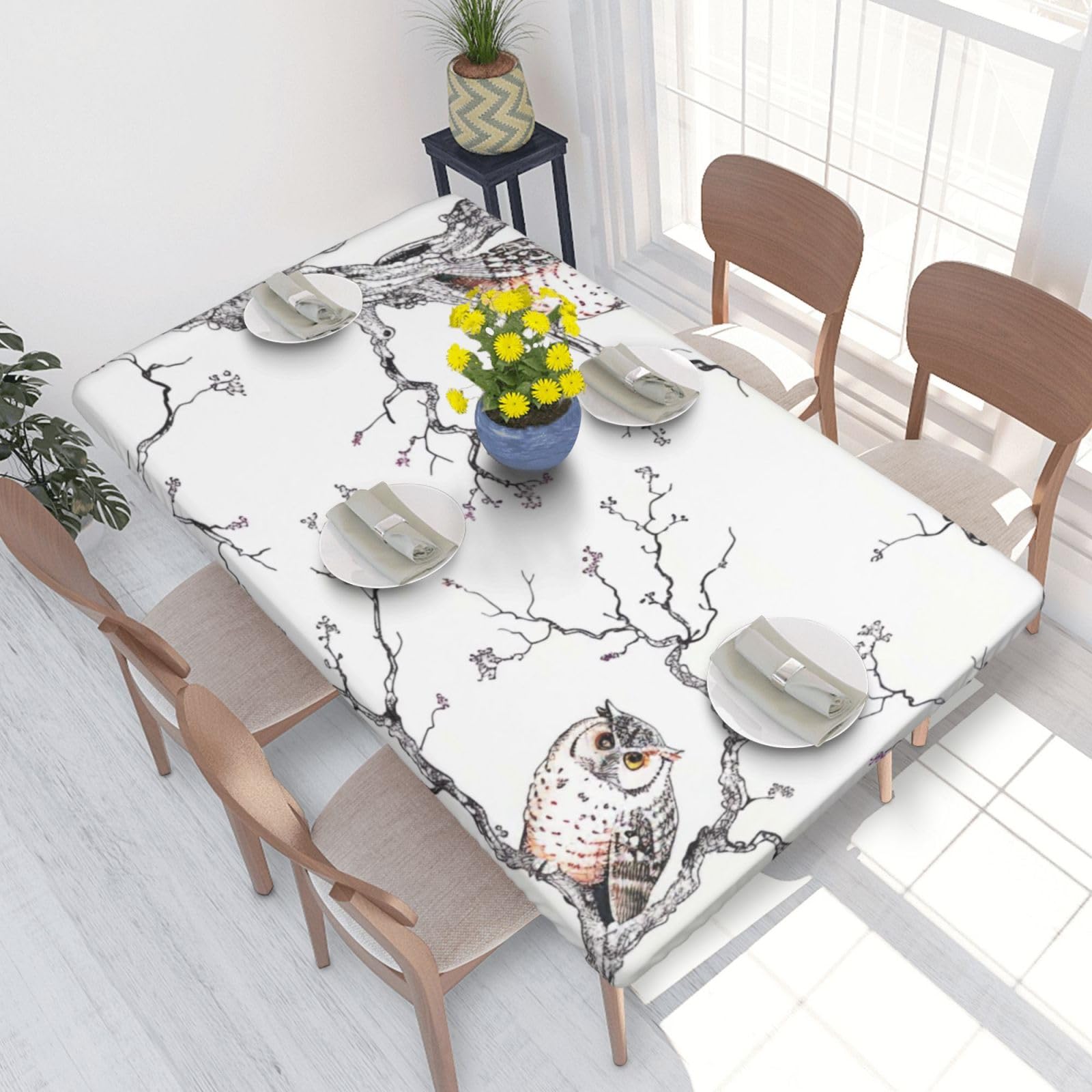 WPKJU Owl Tree Branches Printed Tablecloths 4ft Rectangular Table Covers Washable Polyester Decorative Table Cloth for Dining Table Picnic Wedding