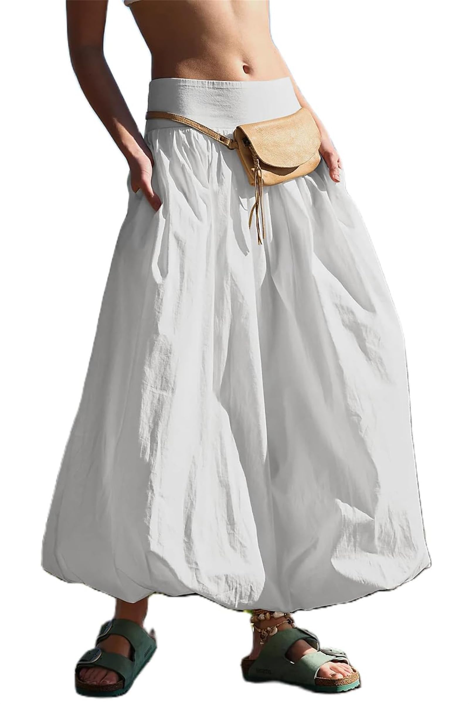 Damen-Maxi-Röcke, A-Linie, langer Rock, Luftpolster-Maxirock, elastische Taille, Ballon-Midi-Länge