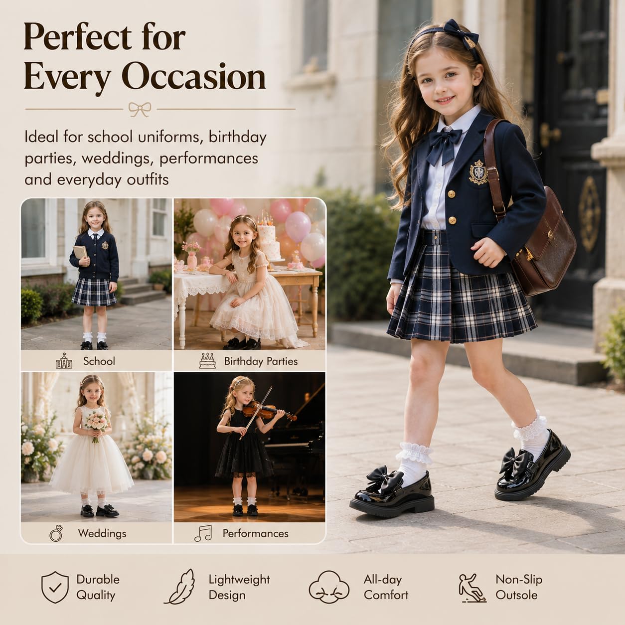 Mocassins plats pour filles avec nœud - Chaussures décontractées pour l'école - Taille à enfiler