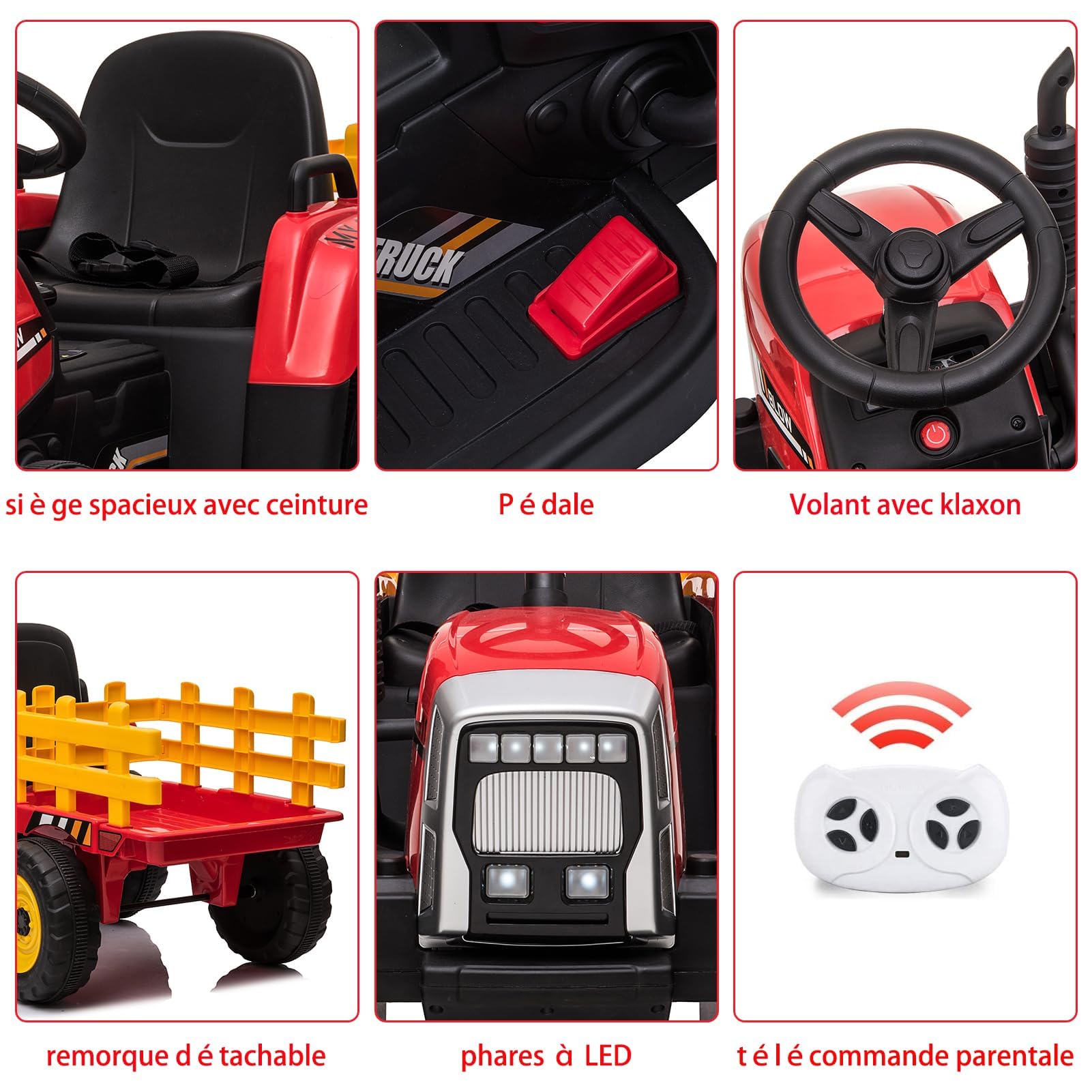 12V Kinder Elektrotraktor mit Anhänger, LED-Scheinwerfer, 2,4G-Fernbedienung, Musik, MP3, USB – Elektroauto ab 3 Jahren – Abnehmbarer Anhänger – Rot