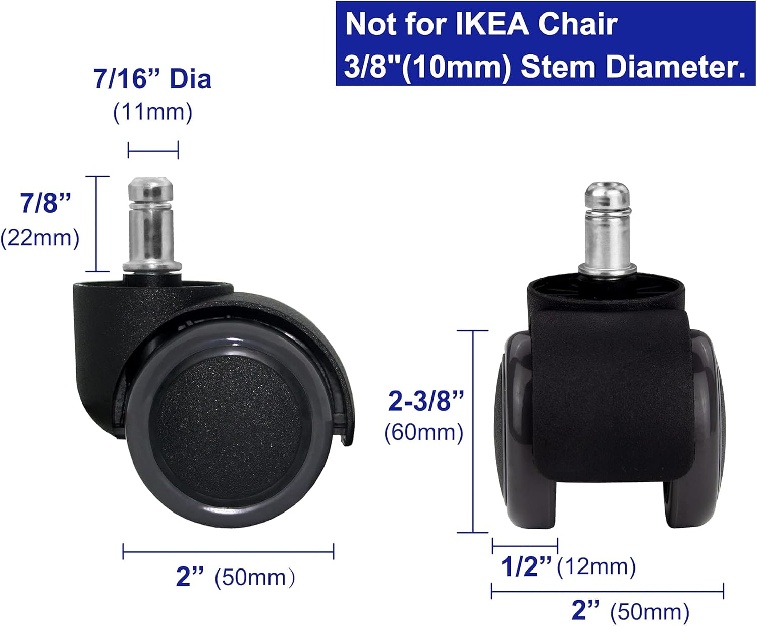 Lyuinn Office Chair Caster Wheels Replacement, 2 Inch Rubber Castor Protecting Floors, 7/16” (11mm) Stem Diameter, Easy Install, Universal fit - Set of 5 : Office Products