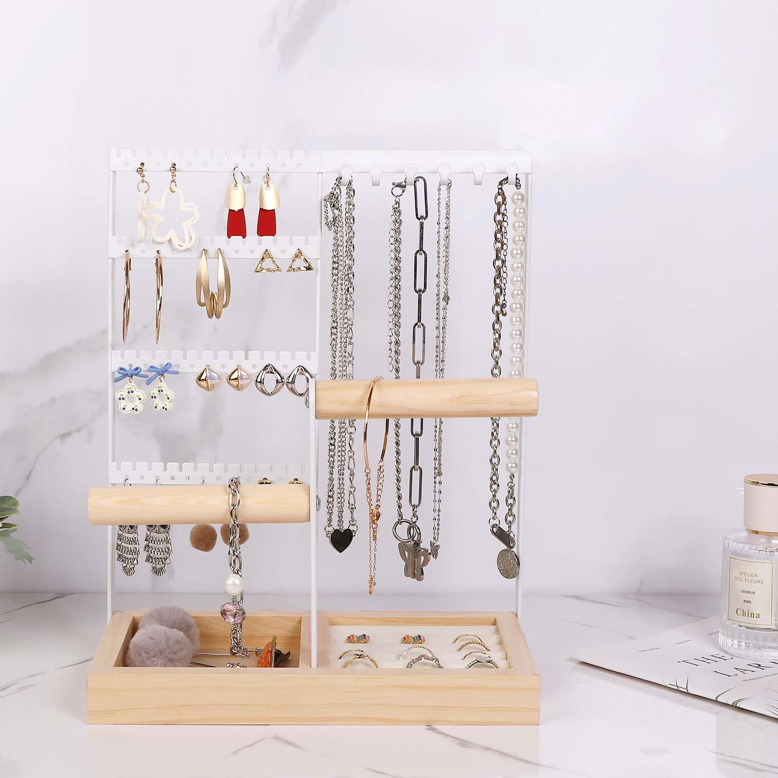 Mkitnvy Soporte para joyas,Expositor de Joyas con Bandeja, Combinación de madera y metal para Joyas de MaderaCollares Pulseras Mascarillas Pendientes Joyero Colgante