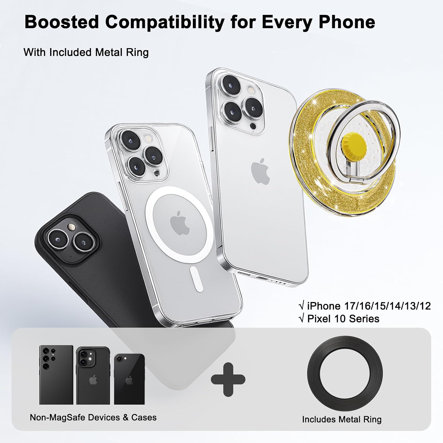 Magnetic Phone Ring Holder for MagSafe, Glitter Magnet Finger Ring Grip Stand Holder, 360° Rotation Fit for iPhone 17 16 15 14 13 12, Pro, Pro Max, Plus, Mag Safe Accessories, Yellow-Gold image 2