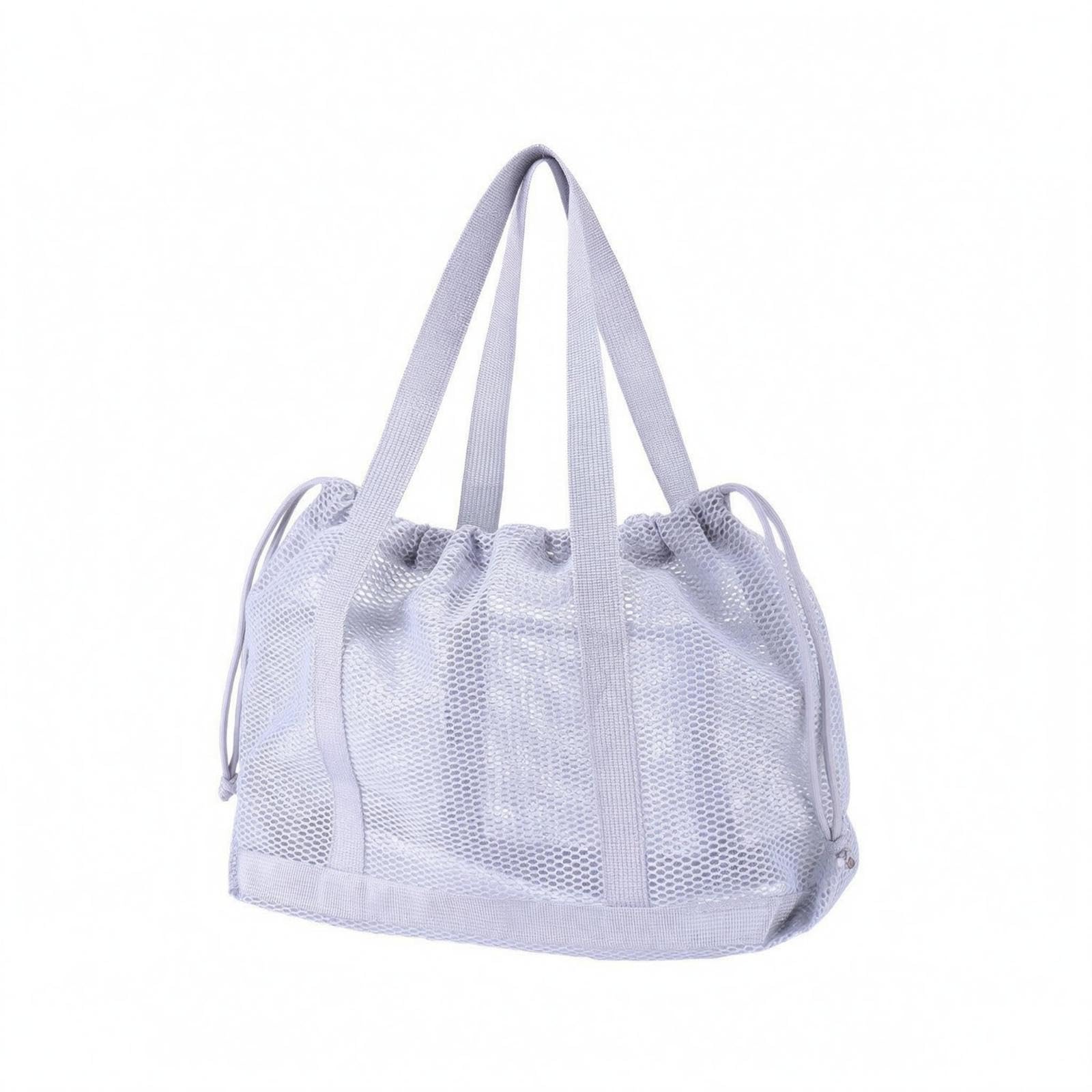 Mesh Drawstring Tote Bag Two Shoulder Handles Drawstring Mesh Tote Lightweight Portable Carrier Light Gray-image-23