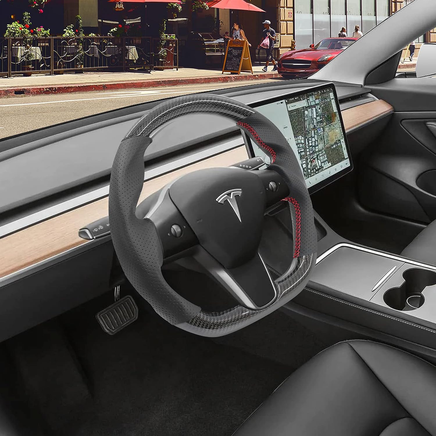 FREEMOTOR802 Compatible With 2017-2023 Tesla Model 3 and Model Y Steering Wheel, Carbon Fiber & Perforated Leather Steering Wheel Brushed Kit With Red Stitching