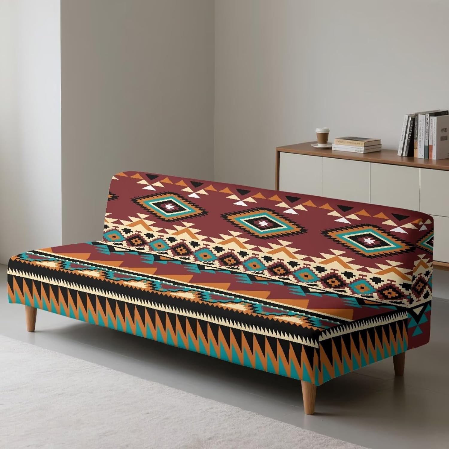 Aztec Western Futon Slipcovers Stretch Armless Sofa Slipcover Navajo Southwestern Ethnic Furniture Protector for Foldable Futon Armless Sofa Cover