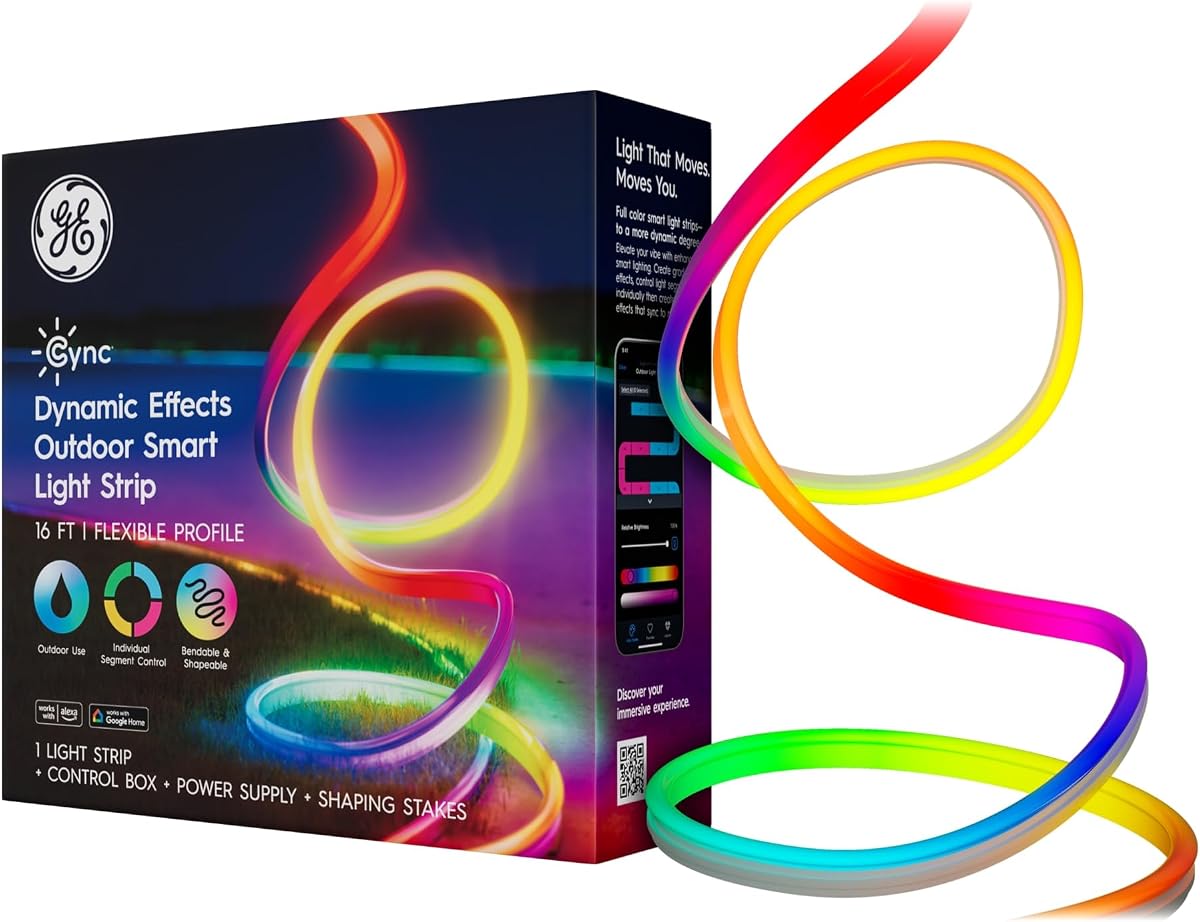 GE Dynamic Effects Smart LED Light Strip with Music Sync, Color Changing Outdoor Light Strip, Compatible with Alexa and Google Home, 16ft Waterproof Light + Power Supply