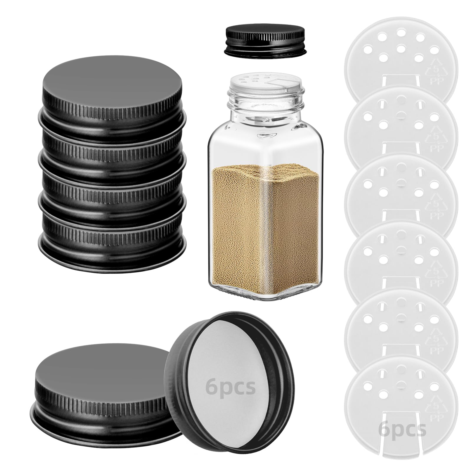 Eispap Black 6 Iron Spice Jar Lids With 6 Shaker Inserts, Fit 4Oz & 6Oz Glass Jars, Airtight Metal Caps, 2-In-1 Pour & Sprinkle Design For Salt, Pepper & Seasoning (Jars Not Included) (Black)