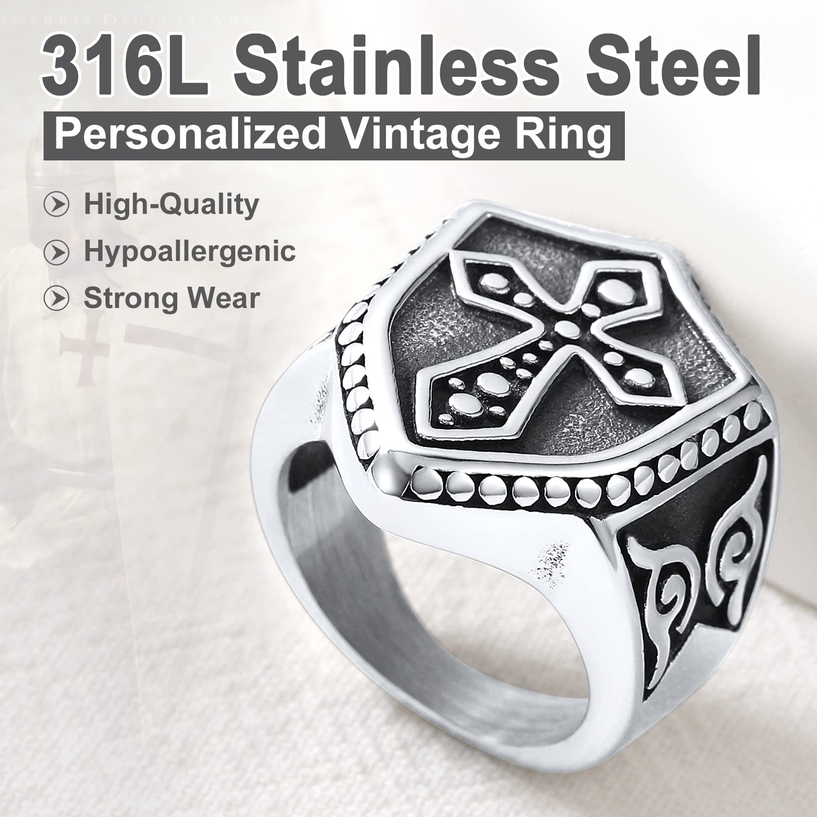 U7 Anello Templare Scudo da Uomo in Acciaio Inossidabile Placcato Oro/Nero Anello Cavaliere Scudo Talgia 14,5-32,5 Anello Templare da Uomo Regalo per padre papà