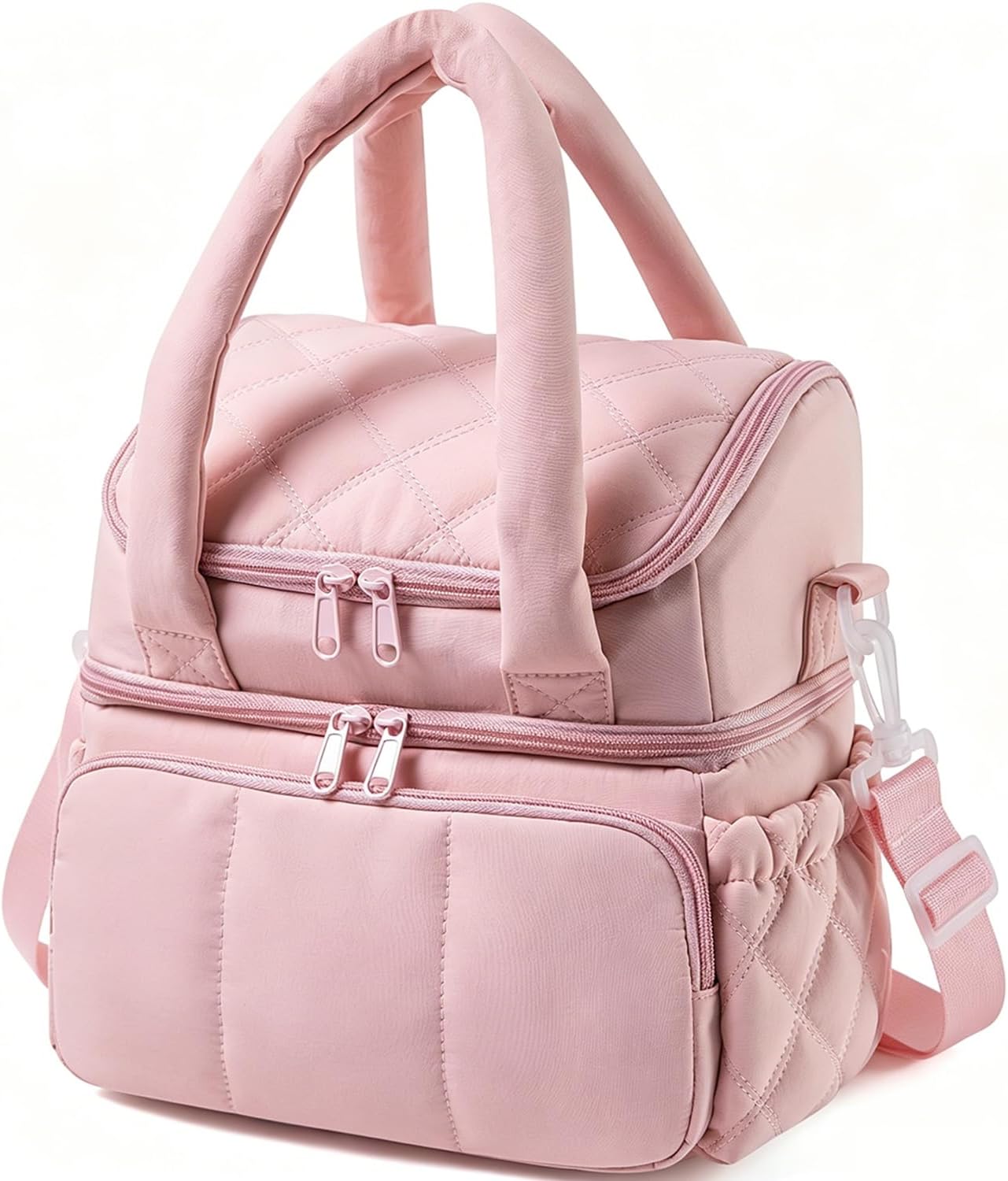 Insulated Lunch Bags for Women, Double Deck Quilted Thermal Lunch Box,Pink