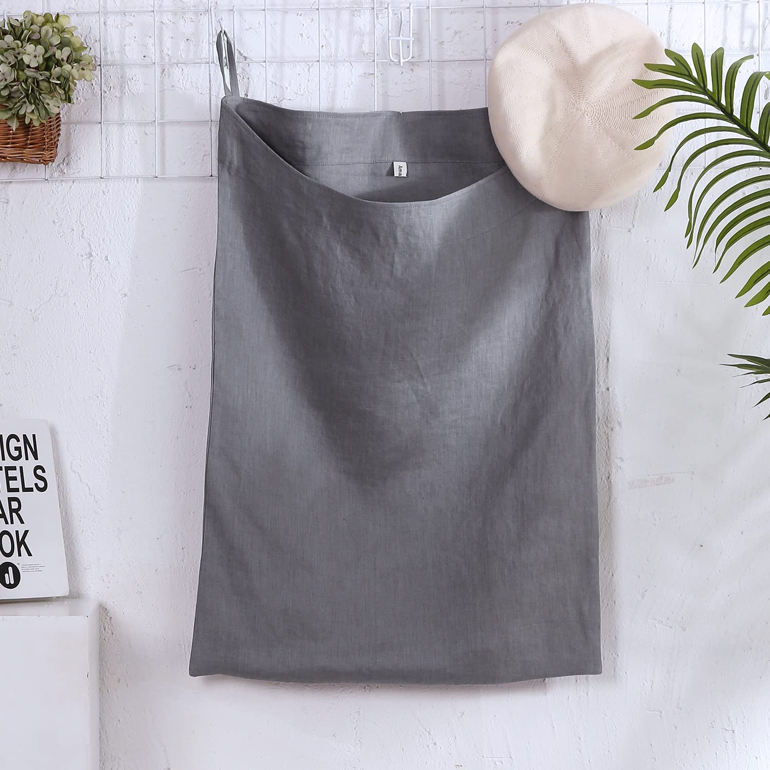 Amazhiyu Pure Linen Wäschekorb zum Aufhängen über der Tür, zum Aufhängen schmutziger Kleidung und platzsparend, Grau
