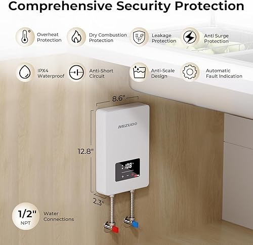 Vista 3 de MIZUDO Calentador de agua eléctrico sin tanque de 6.5 kW, calentador de agua caliente instantáneo de 240 voltios bajo demanda, hasta 1.5 GPM