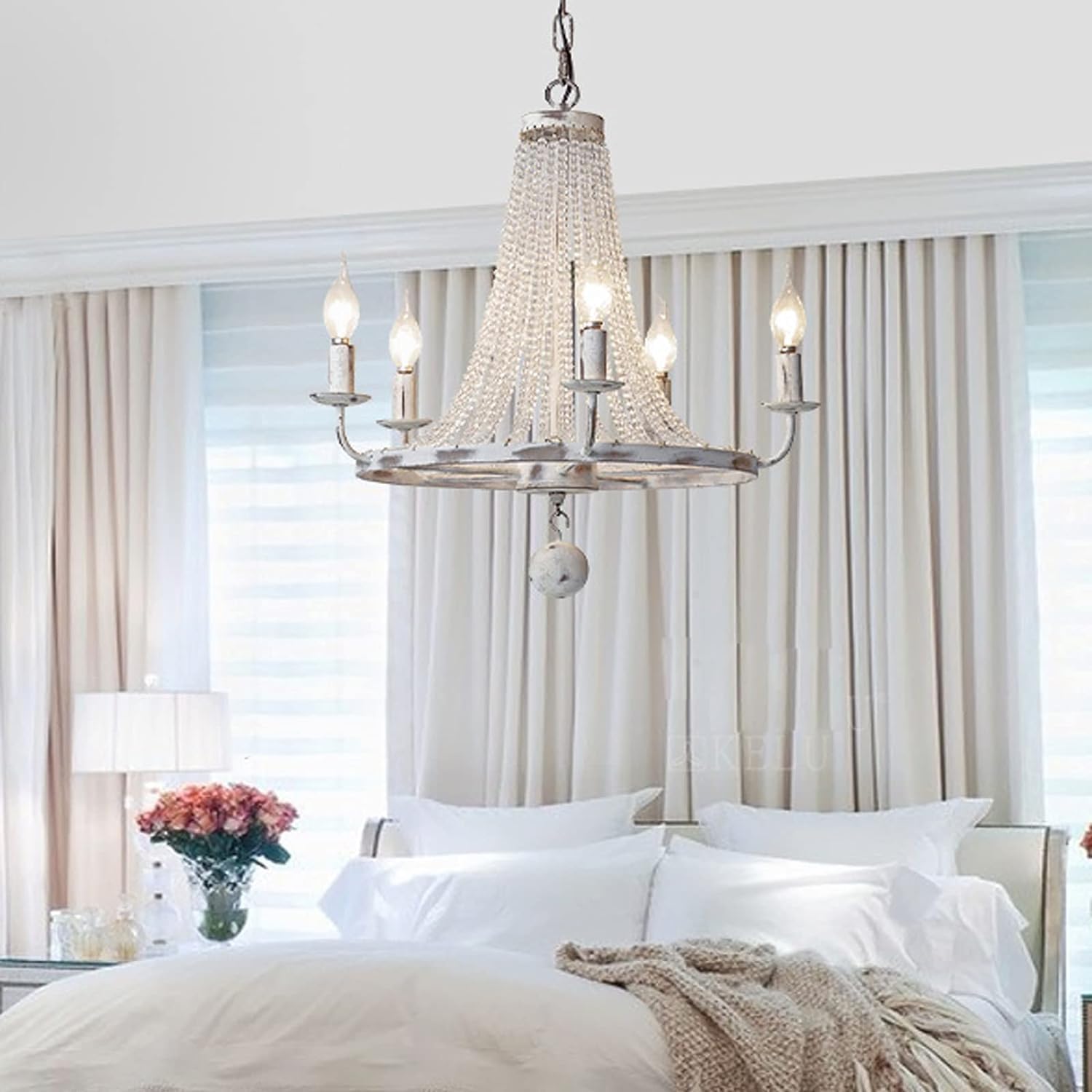 Classical Farmhouse Candle Chandelier Candle Shaped 6 Light Crystal White Metal Wheel Chandelier Lighting Hanging,for Home Decor