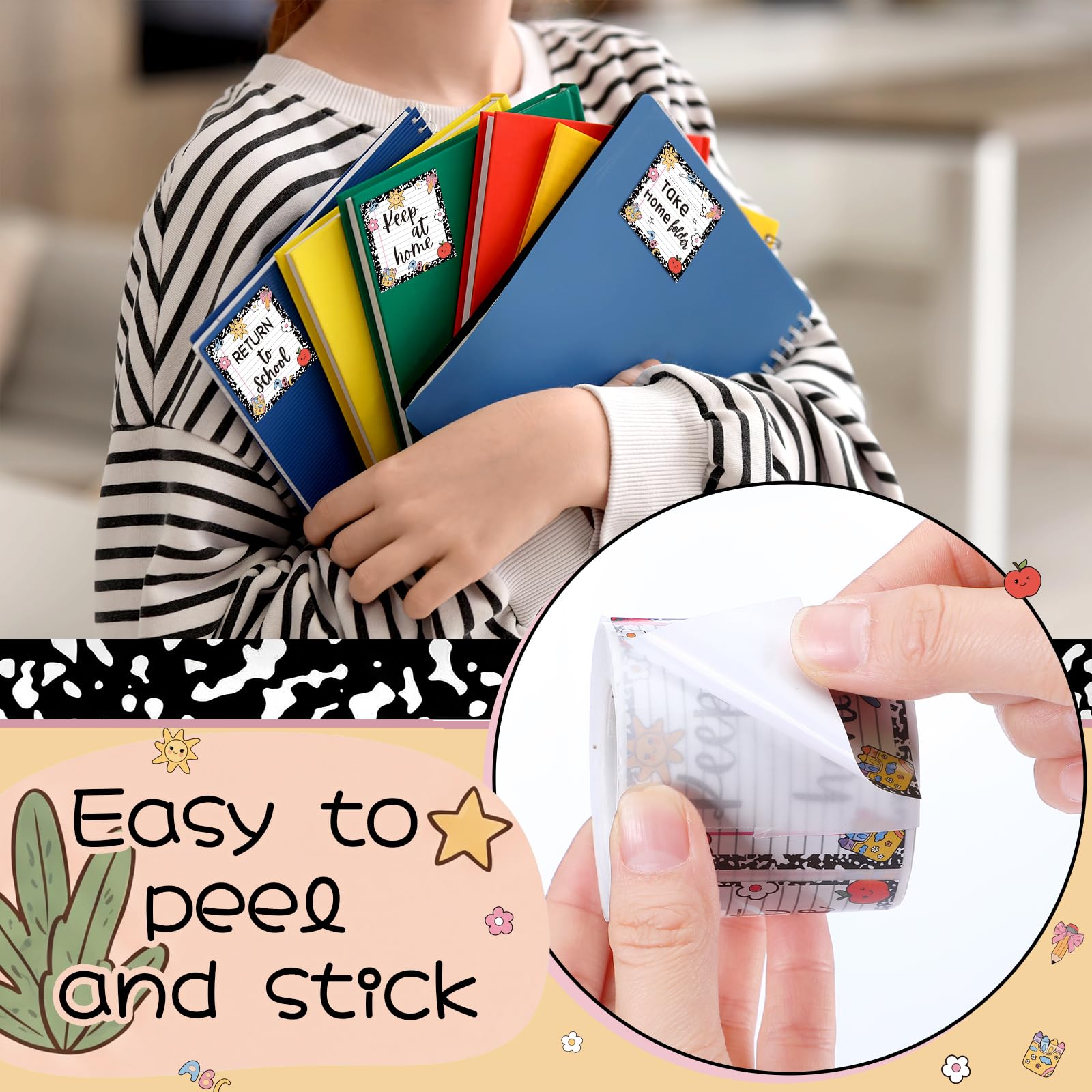 Etichette adesive per quaderni, compiti e cartelle per studenti, ritorno a scuola, Keep at Home, 5,1 x 5,1 cm, etichette adesive termiche stampate per aule e casa (3 rotoli, freschi)